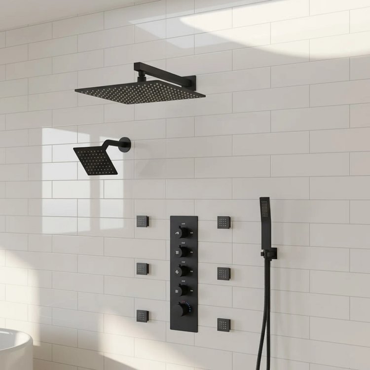 Wall Mount Dual Rain Shower Head System in Matte Black | EVERSTEIN