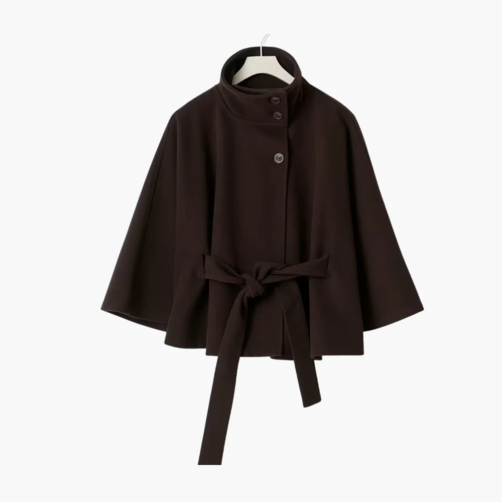 2025 Autumn and Winter New Stand Collar Button Belt Windbreaker Jacket