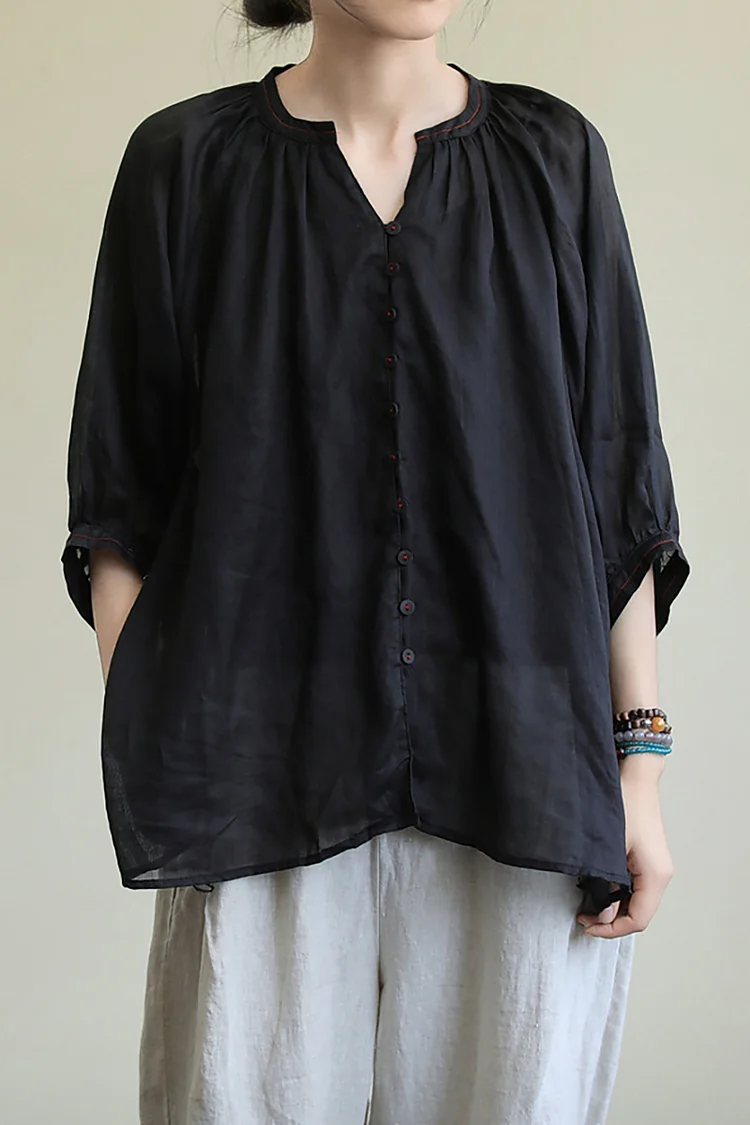 Three Quarter Sleeve Irregular Neck Button Linen Top
