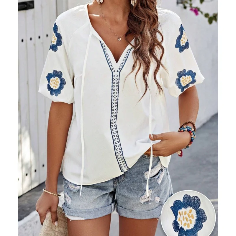 Women's Vintage Boho Design Loose V-Neck Half Sleeve Blouses Shirt