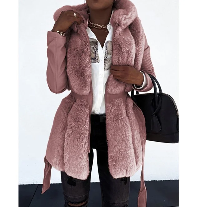LADYSY Hooded Solid Color Zippered Fur Jacket 