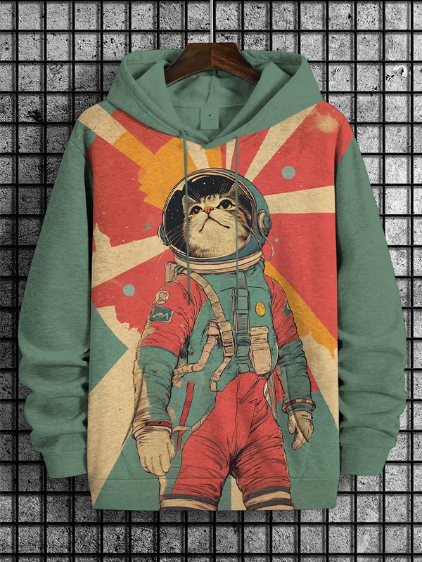 Men's Legendary Cat Astronaut Color Block Art Print Casual Hoodie