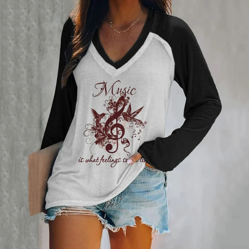 Music Is What Feelings Sound Like V Neck Long Sleeve T-Shirt wearshes