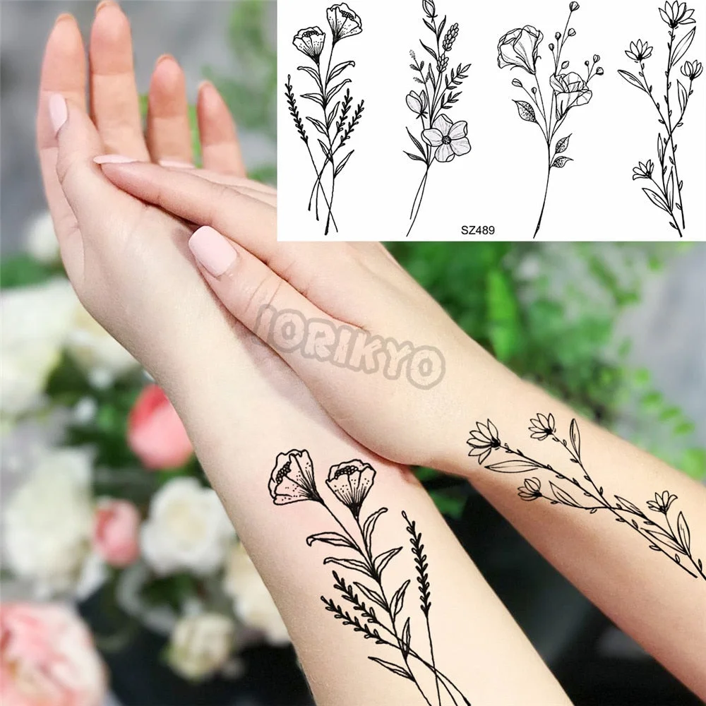 Black Poppy Flower Temporary Tattoos For Women Kids Realistic Lavender Plum Waterproof Fake Tattoo Sticker Tattoo Arm Body