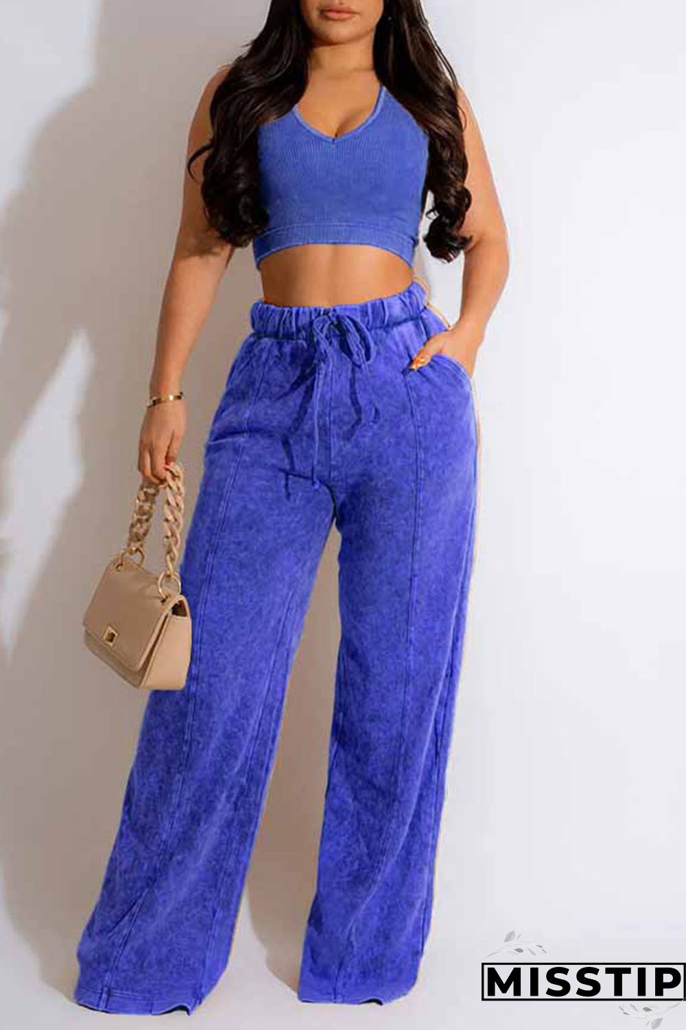 Blue Casual Solid Patchwork O Neck Sleeveless Two Pieces