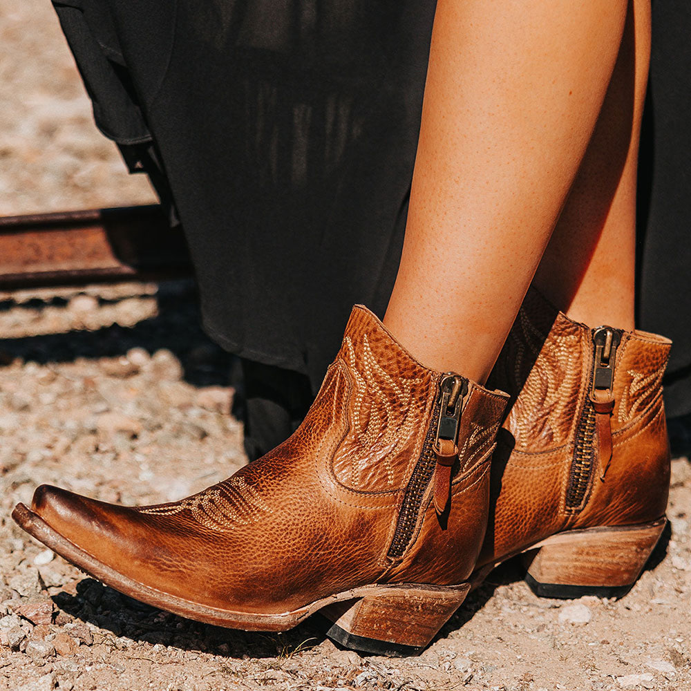 Tan Distressed Embroidered Snip Toe Ankle Boots with Two Brass Zips Nicepairs