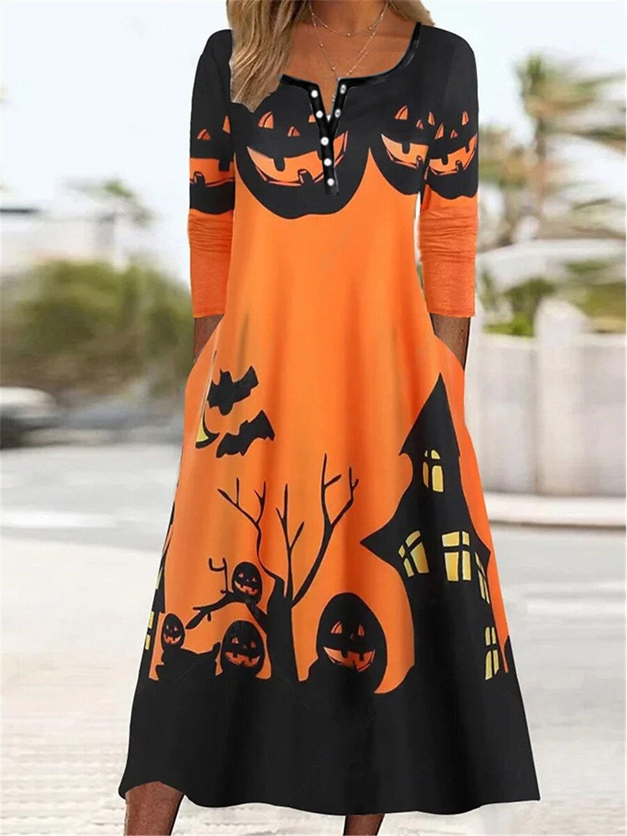 Women's Long Sleeve V-neck Graphic Halloween Pockets Midi Dress