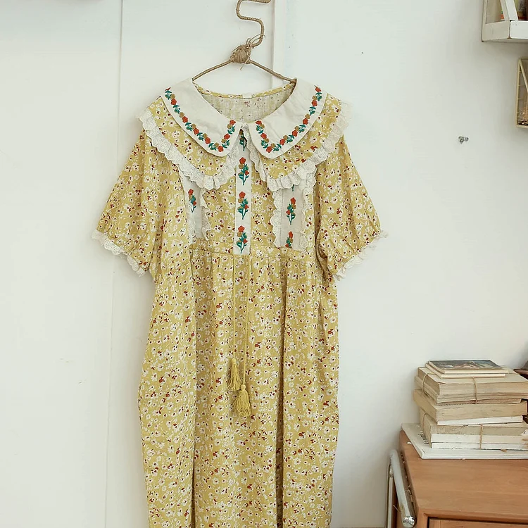 Queenfunky cottagecore style Countrycore Floral Print Embroidered Dress QueenFunky