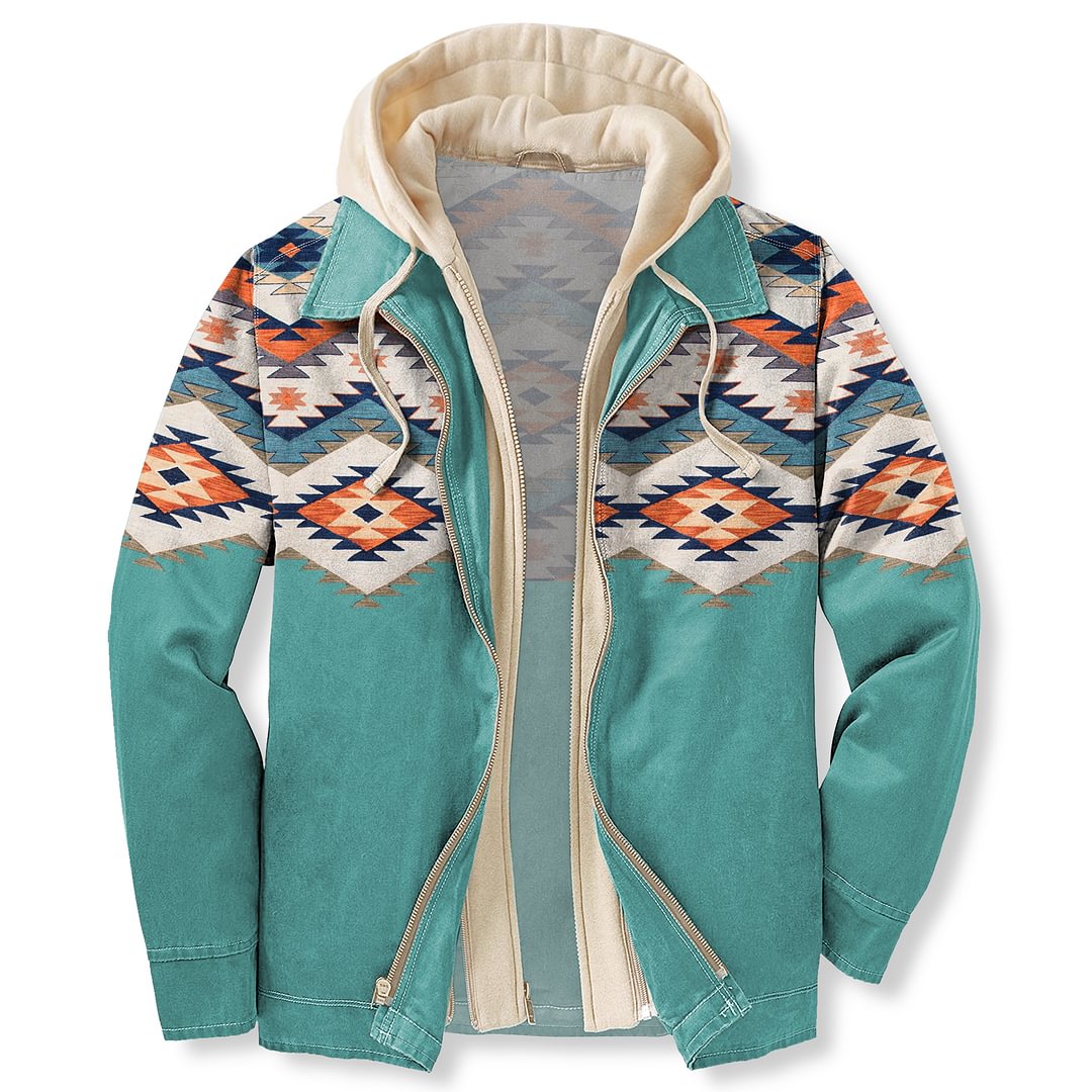 Men's Autumn & Winter Outdoor Casual Retro Ethnic Style Colorblock Print Hooded Jacket