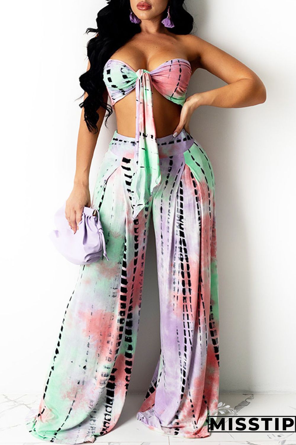 Pink Sexy Gradual Change Tie-dye Backless Halter Sleeveless Two Pieces
