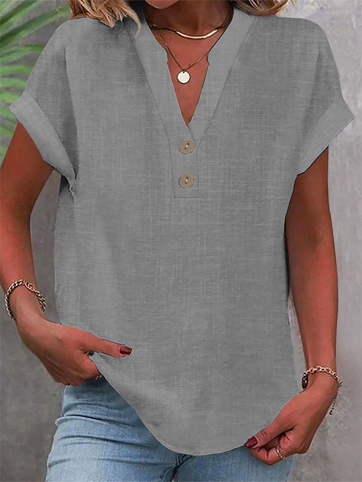 Summer Solid-Color Stand-Up Collar Button-Down Short-Sleeve Women's Shirt-JRSEE