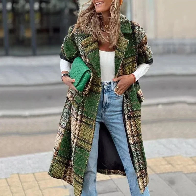 Plaid Print Long Cardigan Coats Elegant Lapel Button Jackets