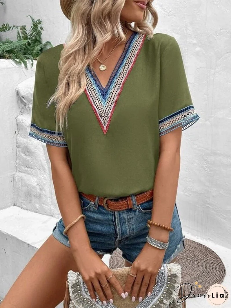 Women's V-neck lace casual solid color shirt