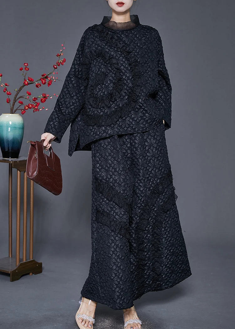 DIY Black Ruffled Patchwork Floral Warm Fleece Two Pieces Set Winter