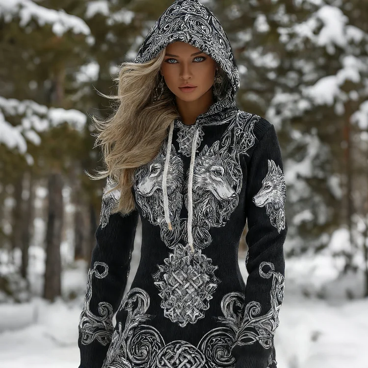 Women's Viking Celtic Wolf Pattern Knitted Comfortable Hooded Sweater Dress