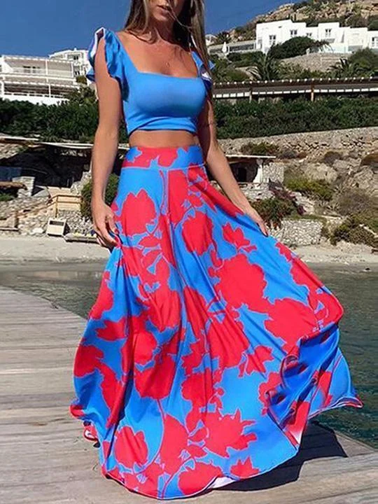 Two-piece  printed summer square neck dress