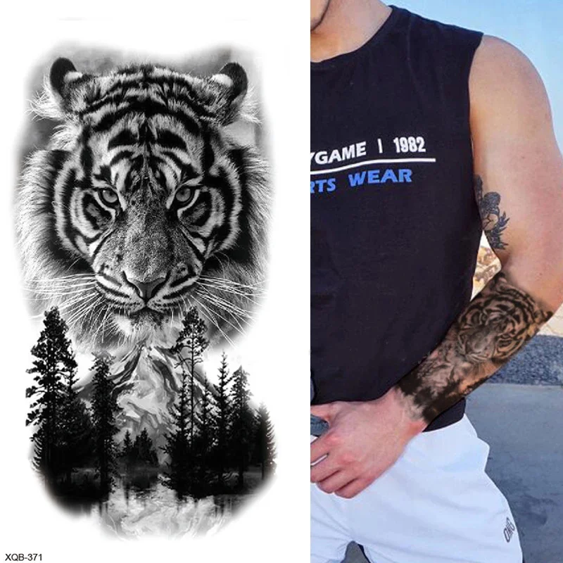 Sdrawing Forest Tattoo Sticker for Men Women Tiger Wolf Death Skull Temporary Tattoo Fake Henna Skeleton King Animal Tatoo Pattern