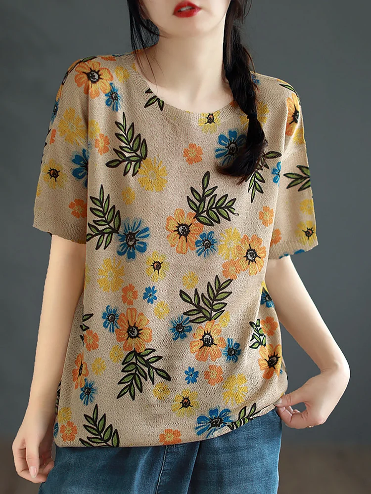 Women Artsy Summer Flower Print Loose O-Neck Shirt