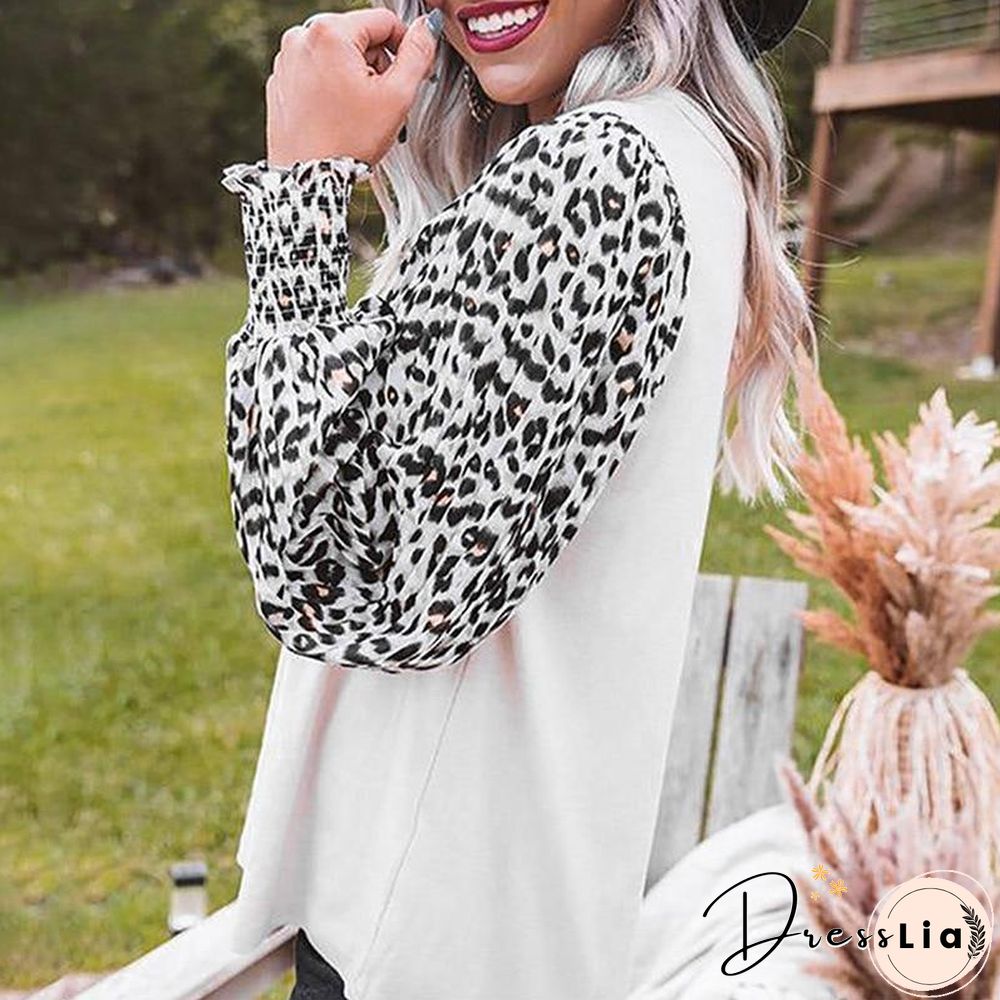 New Spring Autumn Women Tshirts Leopard Printing Lantern Sleeve Loose Stitching color Tops Fall Womens Clothing Fashion