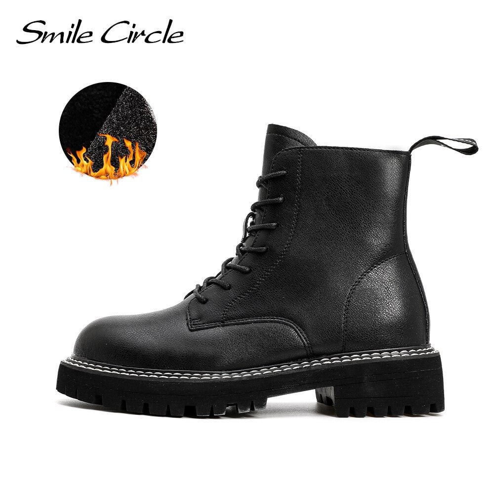 Smile Circle Winter Ankle Boots Women Cow Leather Platform Boots Warm Plush Keep Round toe Comfortable Ladies Booties
