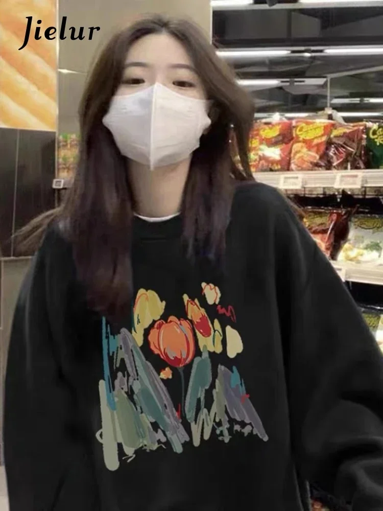 Budgetg Fleece Hoodie O-Neck Casual Women Hoodies Cool Floral Print Long Sleeve Pullover Sweatshirts Korean Black Top Female XXL