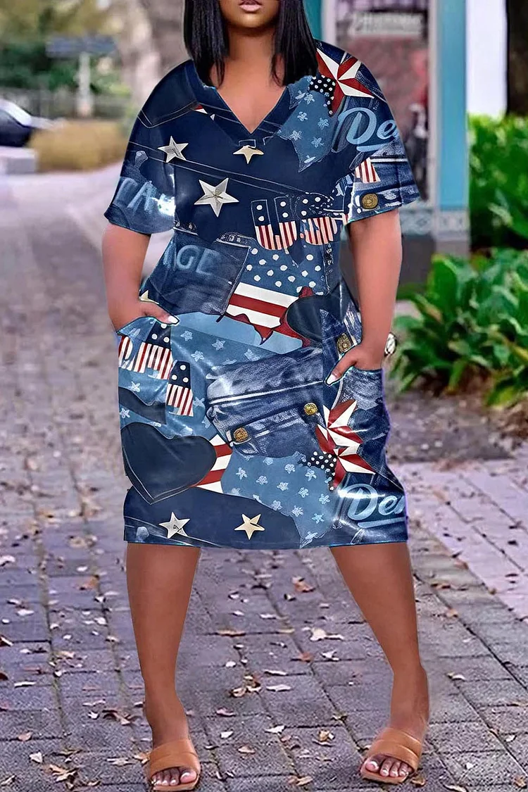 Plus Size Blue Casual Flag Letter Print With Pockets Midi Dresses