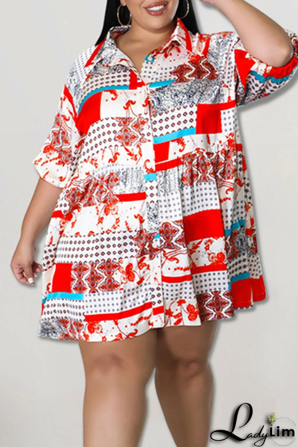 Red Casual Print Patchwork Buckle Turndown Collar A Line Plus Size Dresses