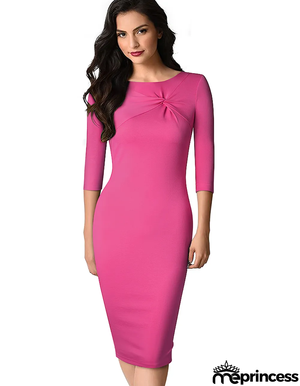 Spring Solid Color O-Neck Office Midi Dress with 3/4 Sleeves
