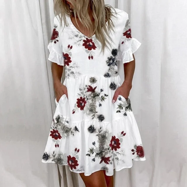 Elegant  A-Line Sexy V Neck Floral Print Vintage Dresses