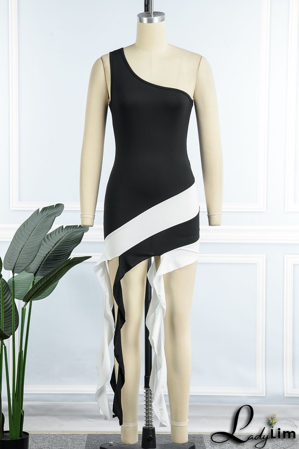 Yellow Sexy Patchwork Backless Contrast One Shoulder Sleeveless Dress Dresses