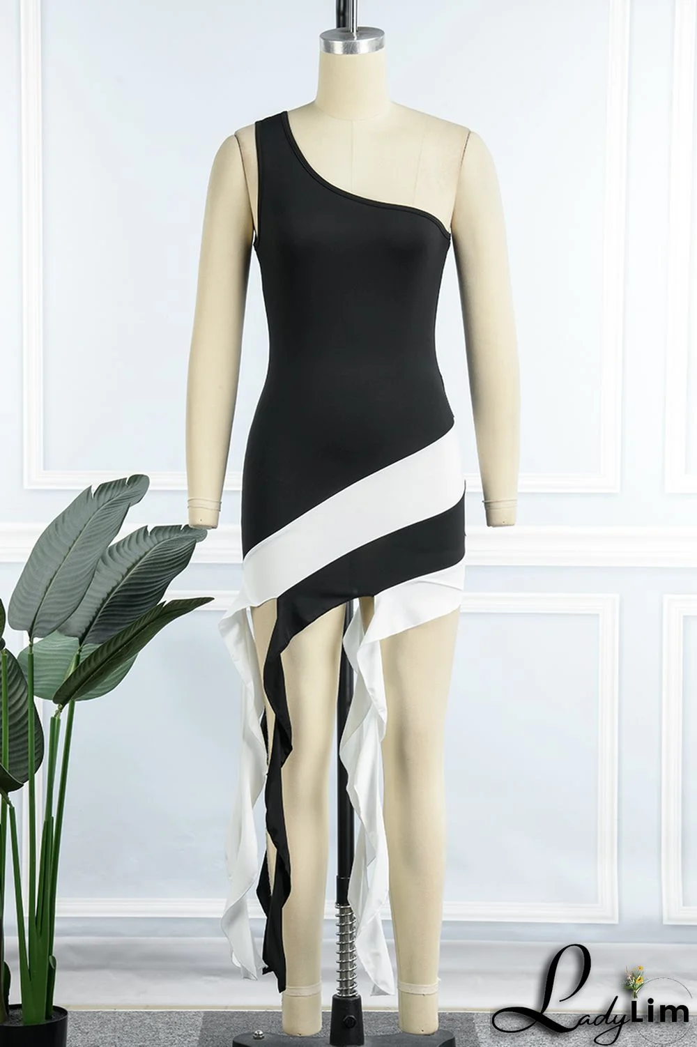 Yellow Sexy Patchwork Backless Contrast One Shoulder Sleeveless Dress Dresses