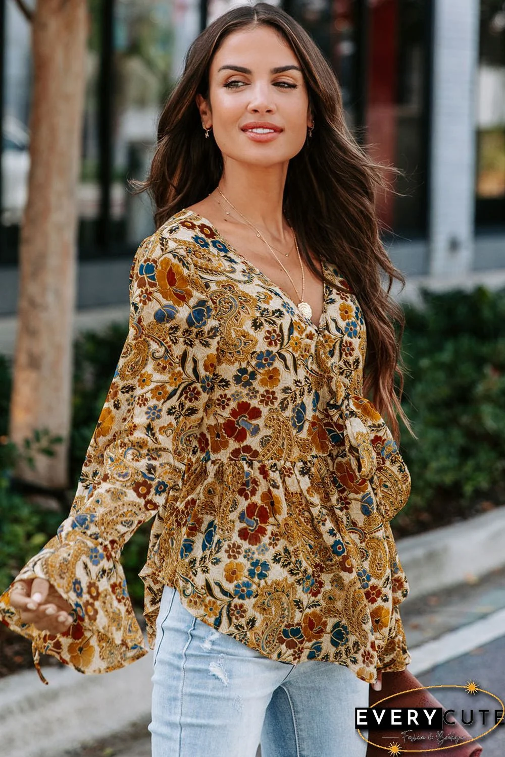 Multicolor Floral Printed Front Tie V Neck Blouse