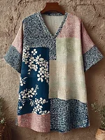 Japanese Art Retro Geometric Patchwork Plant Flower Print Women's V-neck Cotton And Linen Top