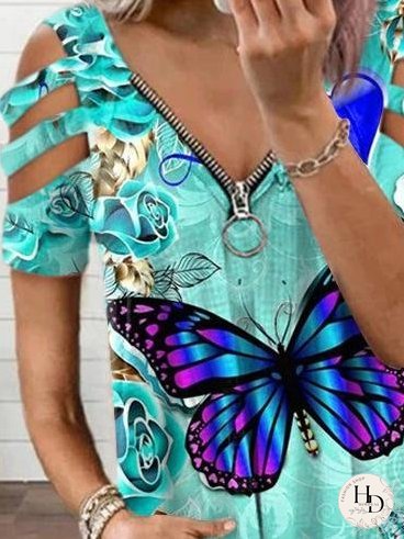 Butterfly Floral Print V-neck Zipper Short Sleeve T-shirt