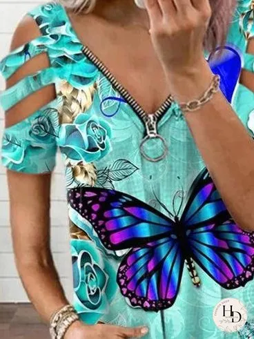 Butterfly Floral Print V-neck Zipper Short Sleeve T-shirt