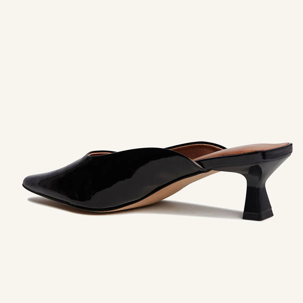 Black Patent Leather Pointed Toe Kitten Heel Mules for Women