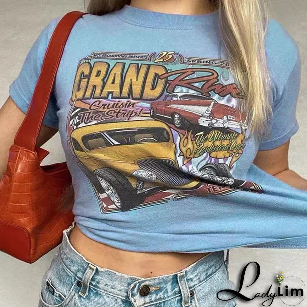 Gothic print Round Neck loose short sleeves t-shirt