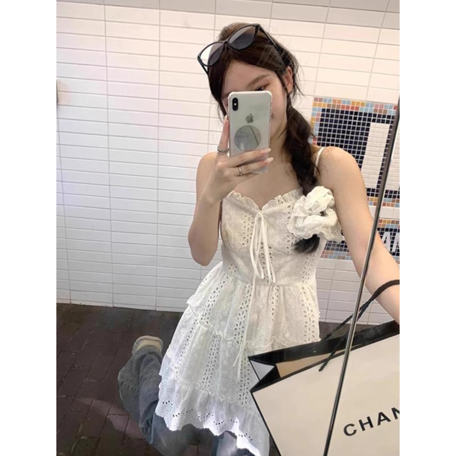 Korean Sle A-Line Dr Lace Trim ter Ne Strapl  Skirt  Knot Tie Waist Slimming Hollow out Spring Commute