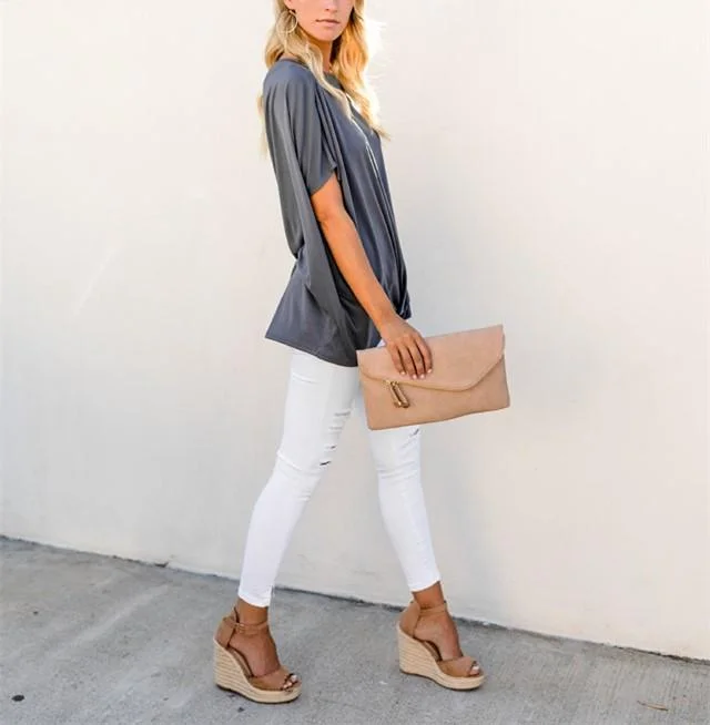 Sexy Pure Color Slanted Shoulder Baggy Blouse T-Shirt