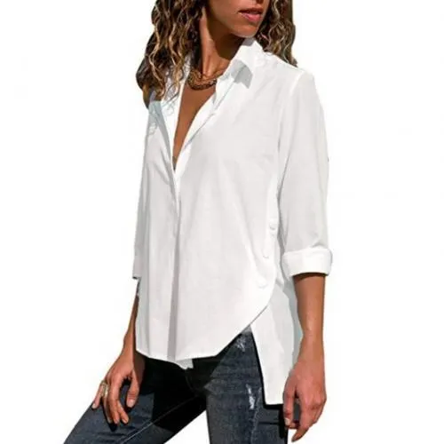 Women Casual Turn Down Collar High-low Hem Side Buttons Decor Plus Size Shirt suitable for travel daily Loose style plus size