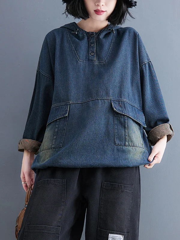 Drawstring Hooded Double Pocket Denim Sweatshirt - yankia