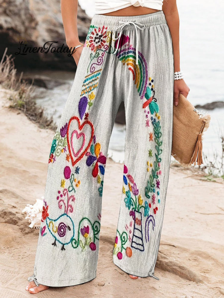 Women’s Vintage Peace Art Print Printed Cotton And Linen Casual Pants Multicolor / S