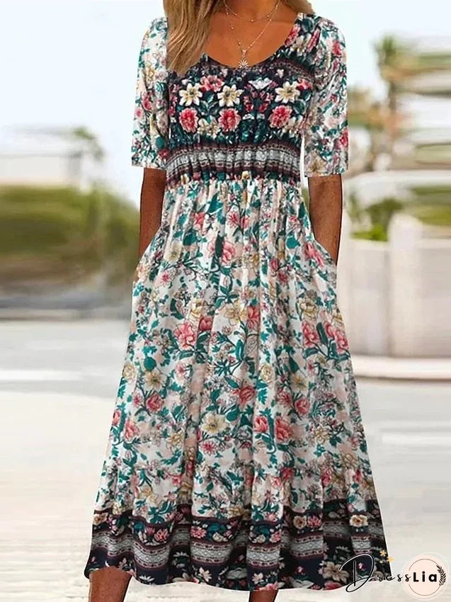 Women's Casual Dress Summer Dress Boho Dress Floral Ruched Pocket Crew Neck Midi Dress Fashion Modern Outdoor Daily