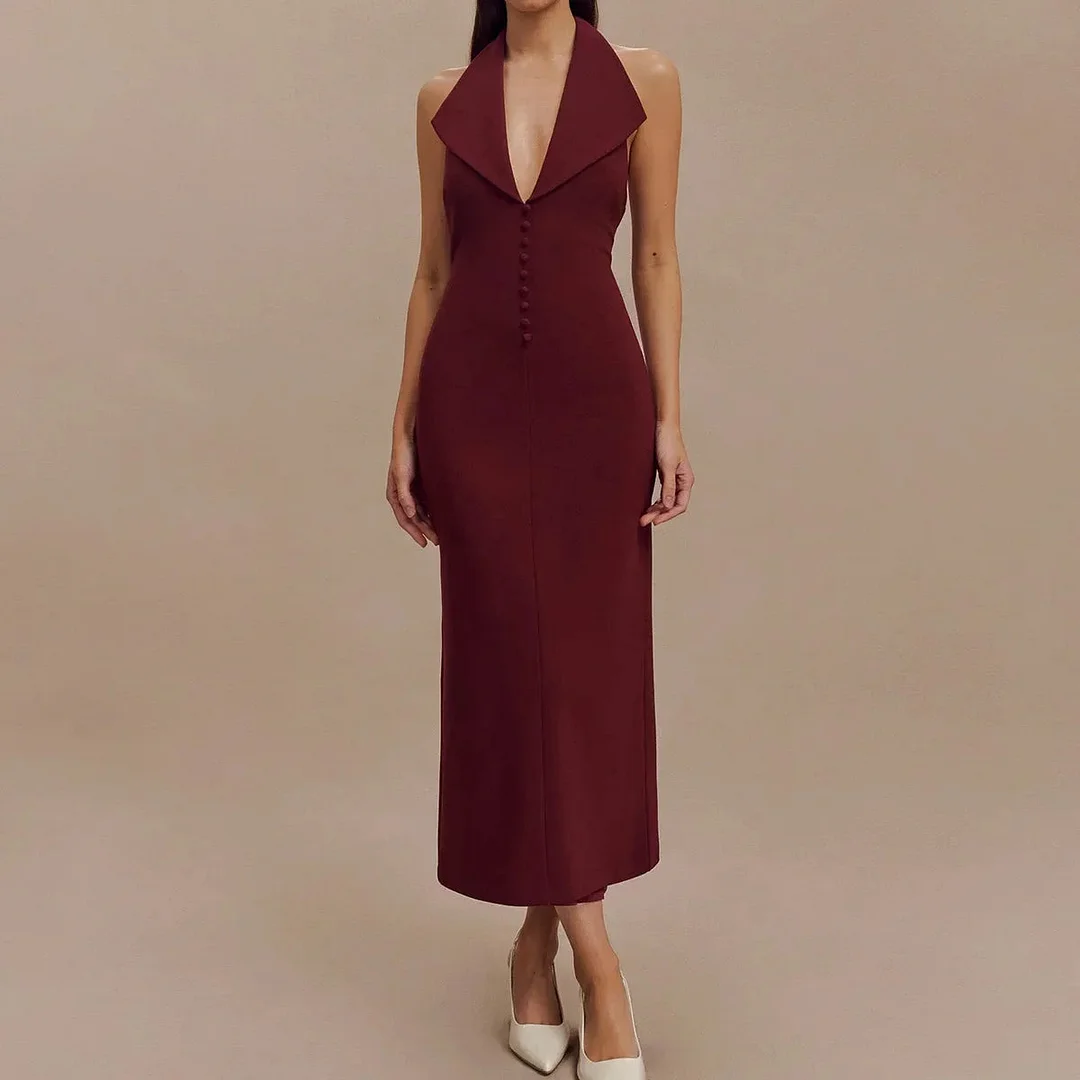 Toloer Burgundy Large Collar Halter Midi Dress-Outfit Ideas