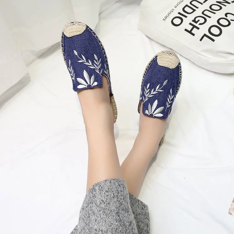 Qjong Embroidery Espadrilles Flats Shoes Woman Straw Loafers Women Printed Flower Moccasins Slip On Ballets Woman Walking Shoe