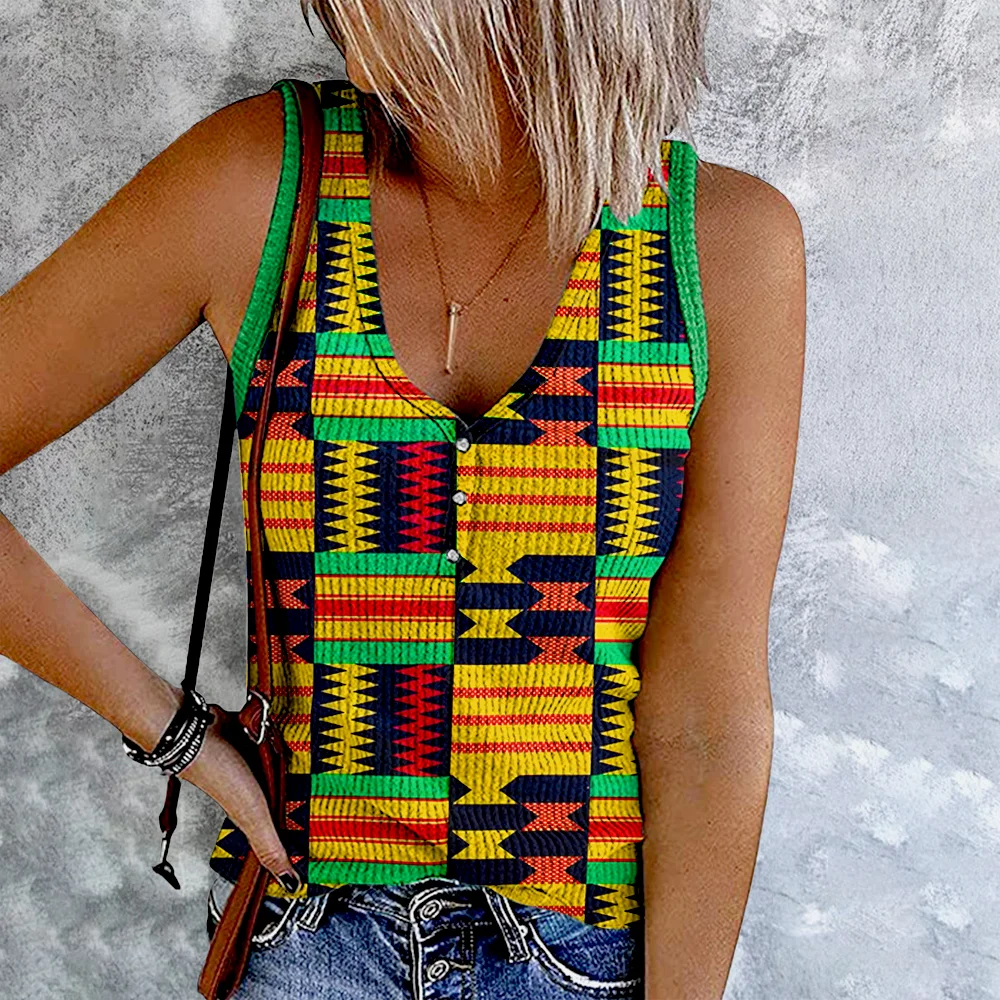 Africa Ethnic Geometry Contrasting Colors V-Neck Tank Top