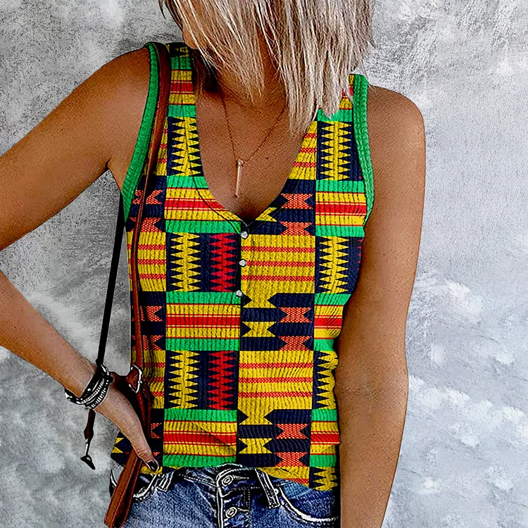 Comstylish Africa Ethnic Geometry Contrasting Colors V-Neck Tank Top