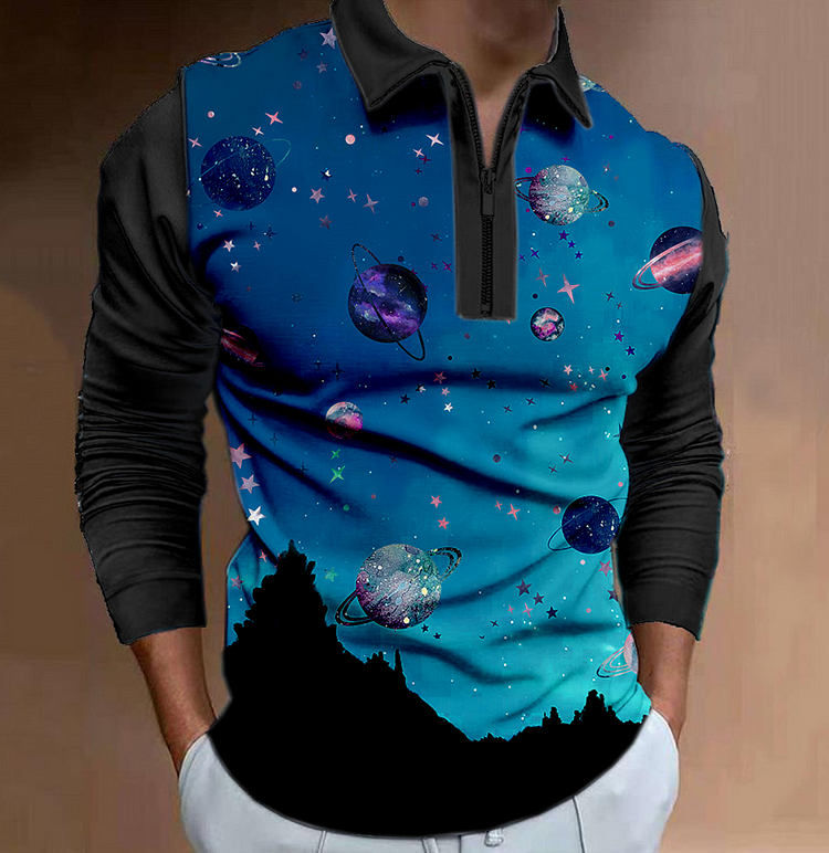 Men's Sky Print Lapel Polo Shirt