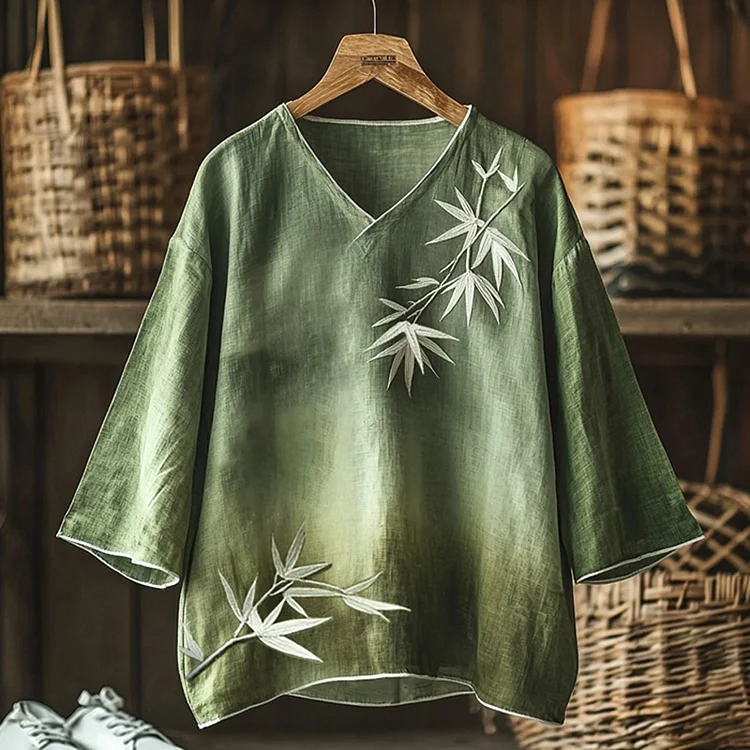 Retro Gradient Bamboo Embroidery Japanese Art Linen Blend Cozy Tunic