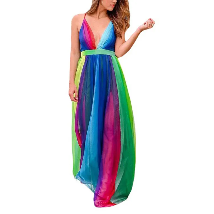 Brownm Brownm New Women's New Slings Sexy Deep V Rainbow Chiffon Suede Dress